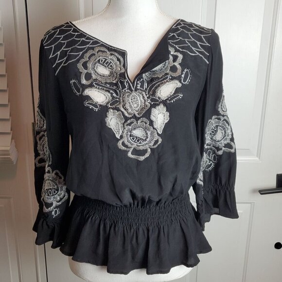 Vintage Cache Blouse Womens Small Silk Black Silver Embroidery Peplum 3/4 Sleeve - Picture 15 of 15